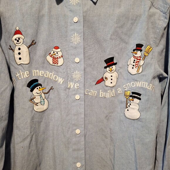 Falls Creek Snowman Embroidered Button-Up Shirt Holiday Christmas Artsy Festival - Picture 2 of 6